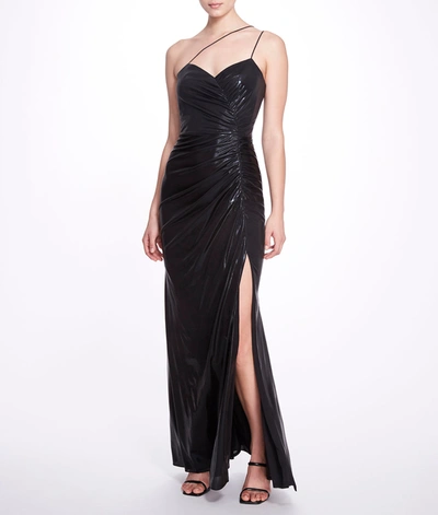 Marchesa Ruched Lamé Gown In Black