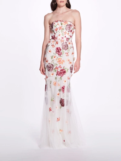 Marchesa Sleeveless Embroidered Tulle Gown In White