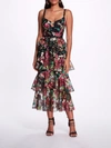 MARCHESA TIERED EMBROIDERED TEA LENGTH GOWN