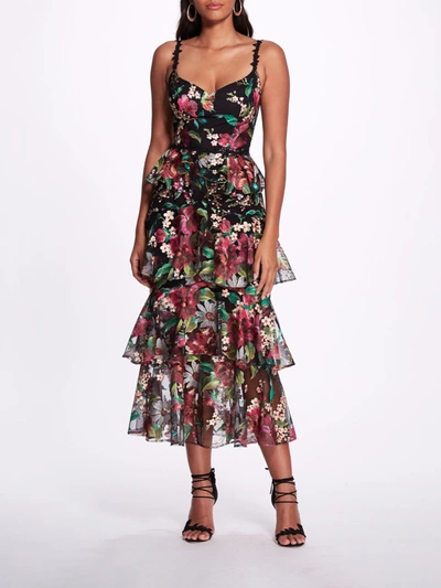 Marchesa Tiered Embroidered Tea Length Gown In Black