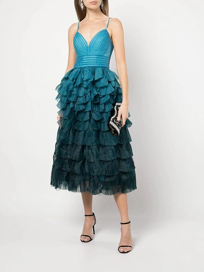 Marchesa Tiered Ruffle Gown In Sage