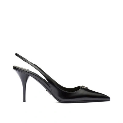 Prada Brushed Leather Slingback Pumps In Black