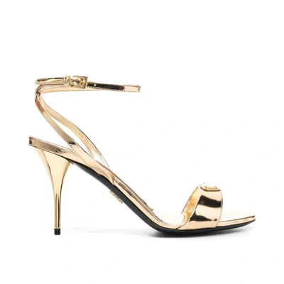 Prada Metallic Leather High-heel Logo Sandals In Gold