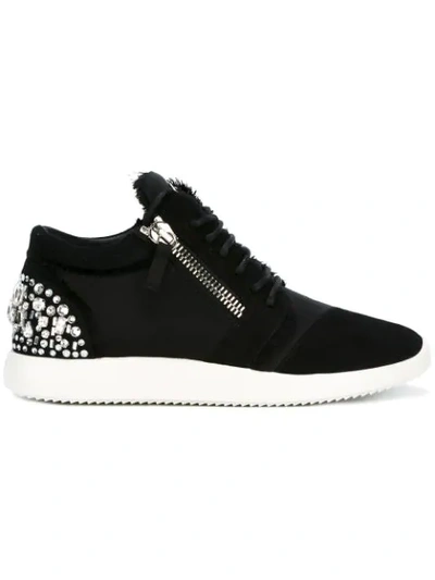 Giuseppe Zanotti Crystal-embellished Suede & Satin Side-zip Trainers In Black