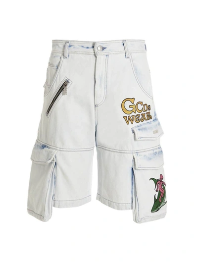 Gcds Cargo Denim Shorts In Light Blue