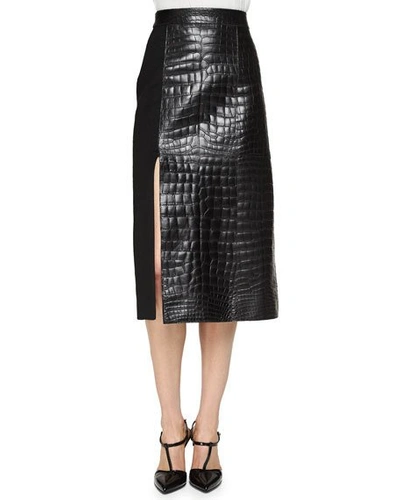 Jason Wu Crocodile Embossed Leather & Wool Midi Skirt In Black
