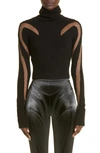 Mugler Wool & Sheer Tulle Turtleneck Sweater In Beige/black
