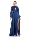 Mac Duggal Charmeuse Soft Tie Keyhole Bell Sleeve Gown In Midnight