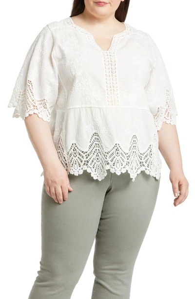 Wit & Wisdom Scallop Lace Trim Cotton Top In Off White