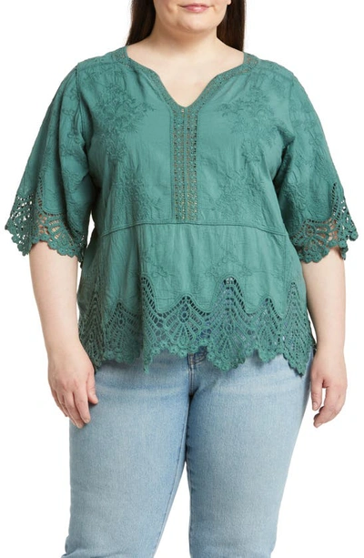 Wit & Wisdom Scallop Lace Trim Cotton Top In Cypress Green