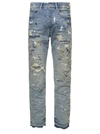 PURPLE BRAND LIGHT BLUE WRINKLED JEANS WITH RIPS AND PAINT STAINS IN COTTON DENIM MAN PURPLE BRAND