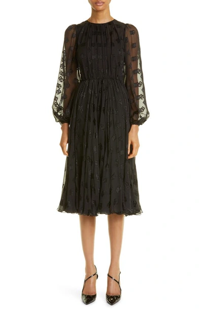 Dolce & Gabbana Logo Jacquard Long Sleeve Chiffon Dress In Black