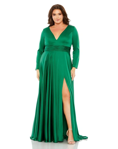 Mac Duggal Green Quarter Sleeve V Neck A Line Gown In Emerald