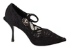 DOLCE & GABBANA DOLCE & GABBANA BLACK LACE CRYSTALS HEELS MARY JANE PUMPS WOMEN'S SHOES