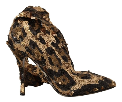 Dolce & Gabbana Gold Leopard Sequins Heels Boots