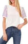 CECE FLORAL SLEEVE MIXED MEDIA KNIT TOP