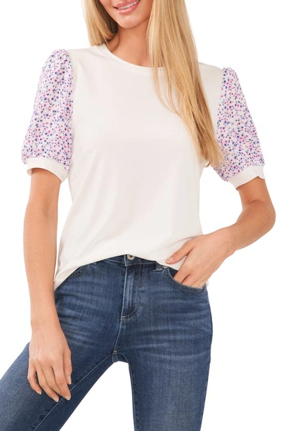CECE CECE FLORAL SLEEVE MIXED MEDIA KNIT TOP