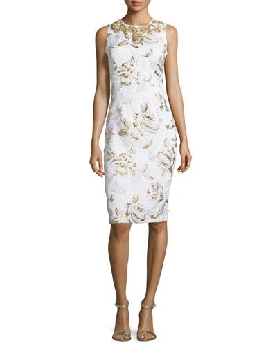 Badgley Mischka Sleeveless Floral-print Cocktail Dress, Ivory/gold In Ivorygold