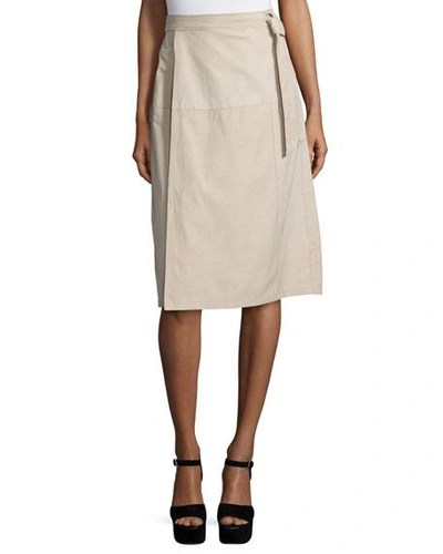 Frame Wrap Belted Suede Skirt, Nude