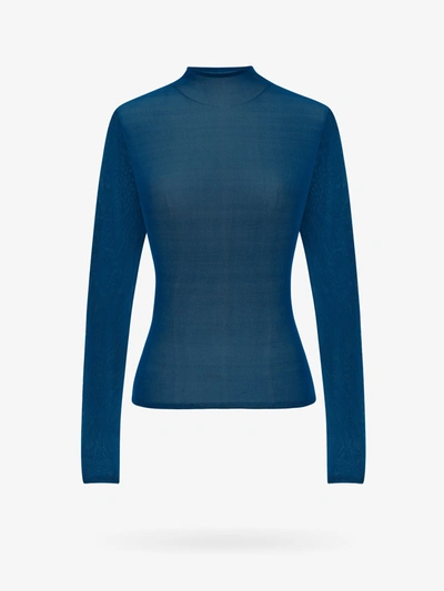 Saint Laurent Crew Neck Long Sleeves Unlined Top In Blue