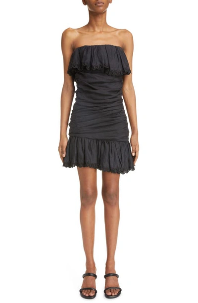 Isabel Marant Oxani Eyelet Ruffle Ruched Strapless Minidress In Black