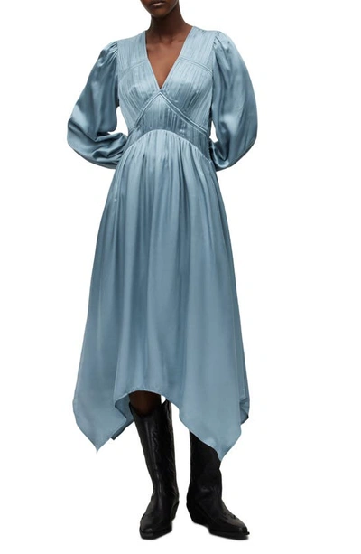 Allsaints Estelle Long Sleeve Asymmetric Hem Dress In Blue_slate