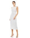 Mac Duggal Striped Floral Embellished Sleeveless Midi Dress In White
