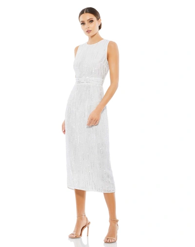 Mac Duggal Abstract Beaded Sleeveless Midi Sheath Dress In White