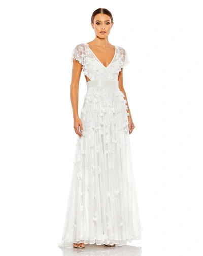 Mac Duggal Embellished Lace Up Flowy Gown In White
