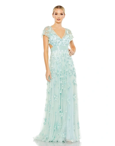 Mac Duggal Embellished Lace Up Flowy Gown In Aqua