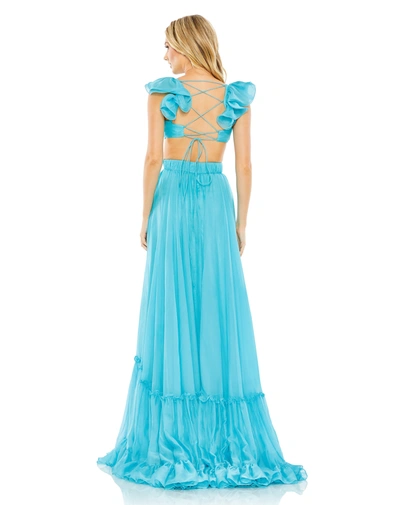 Mac Duggal Ruched Ruffled Shoulder Cut Out Lace Up Gown In Blue