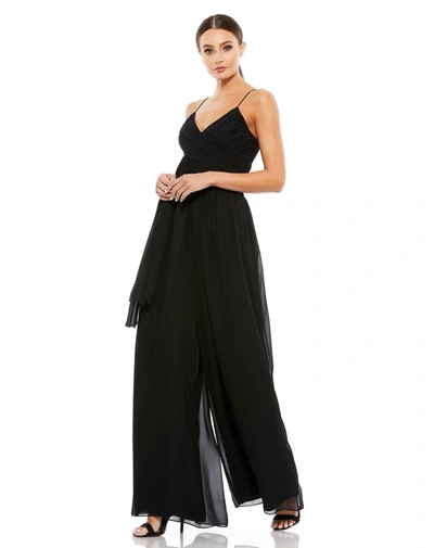 Mac Duggal Ruched Sleeveless Tie Jumpsuit In Black