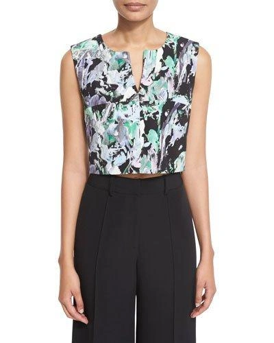 Milly Painterly Floral-print Cropped V-neck Shell, Black Multi