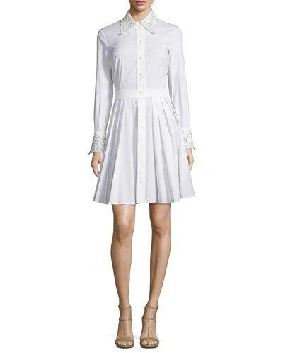 Michael Kors Crystal-eyelet Trim Long-sleeve Shirtdress, Optic White