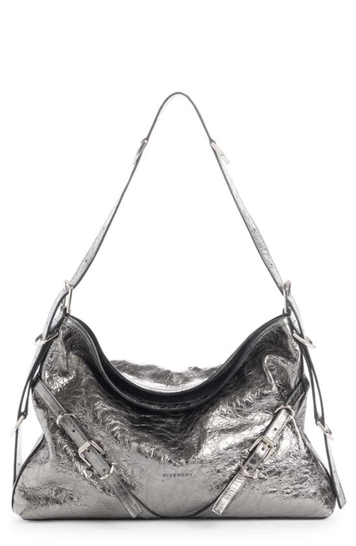 Givenchy Medium Voyou Metallic Leather Hobo In Silvery Grey