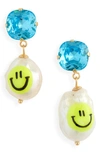 MARTHA CALVO BE HAPPY CRYSTAL & BAROQUE PEARL DROP EARRINGS