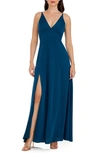 Dress The Population Iris Plunging Crepe Gown In Peacock Blue
