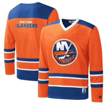 Starter Men's  Orange, Royal New York Islanders Cross Check Jersey V-neck Long Sleeve T-shirt In Orange,royal