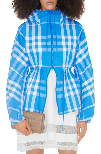 Burberry Emly Check Nylon Hooded Jacket In Vivid Blue
