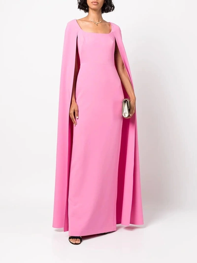 Marchesa Sleeveless Cape Effect Crepe Column Gown In Pink