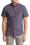 Nordstrom Tech-smart Trim Fit Floral Short Sleeve Button-down Shirt In Navy- Orange Foliage
