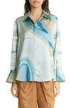 Simkhai Elika Marble Print Satin Button-up Shirt In Laguna Marble Print