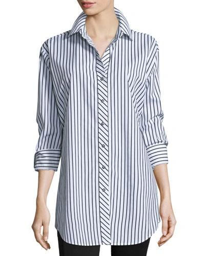 Go Silk Plus Size Long-sleeve Skinny-striped Big Shirt, White/black