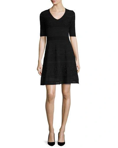 M Missoni Short-sleeve Mix-stitched A-line Dress, Black