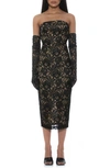 ALEXIA ADMOR ZELLE STRAPLESS LACE MIDI SHEATH DRESS