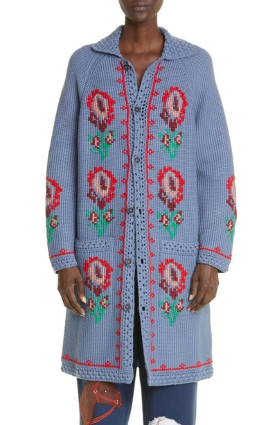 Bode Fluer Cross-stitch Cardigan With Intarsia Detail In Blue Multi