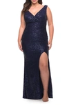 La Femme Stretch Sequin Plus Size Gown With Slit And V Neck In Black