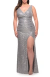 La Femme Stretch Sequin Plus Size Gown With Slit And V Neck In Gray