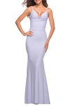 LA FEMME STRAPPY BACK RUCHED TRUMPET GOWN