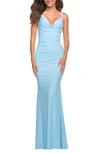 LA FEMME STRAPPY BACK RUCHED TRUMPET GOWN